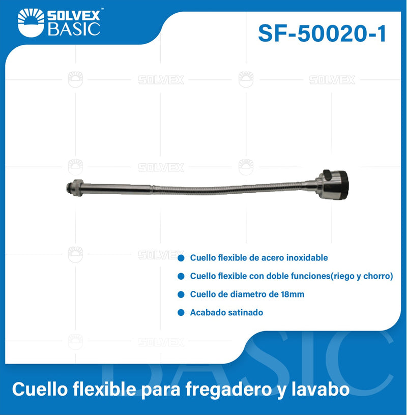 Cuello flexible 18mm para llave mezcladora de fregador. Acero inoxidable. Doble función. Acabado satinado.