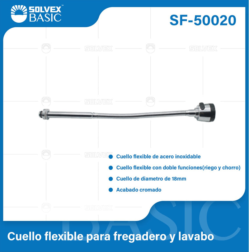 Cuello flexible 18mm para llave mezcladora de fregador. Acero inoxidable. Doble función chorro y riego.