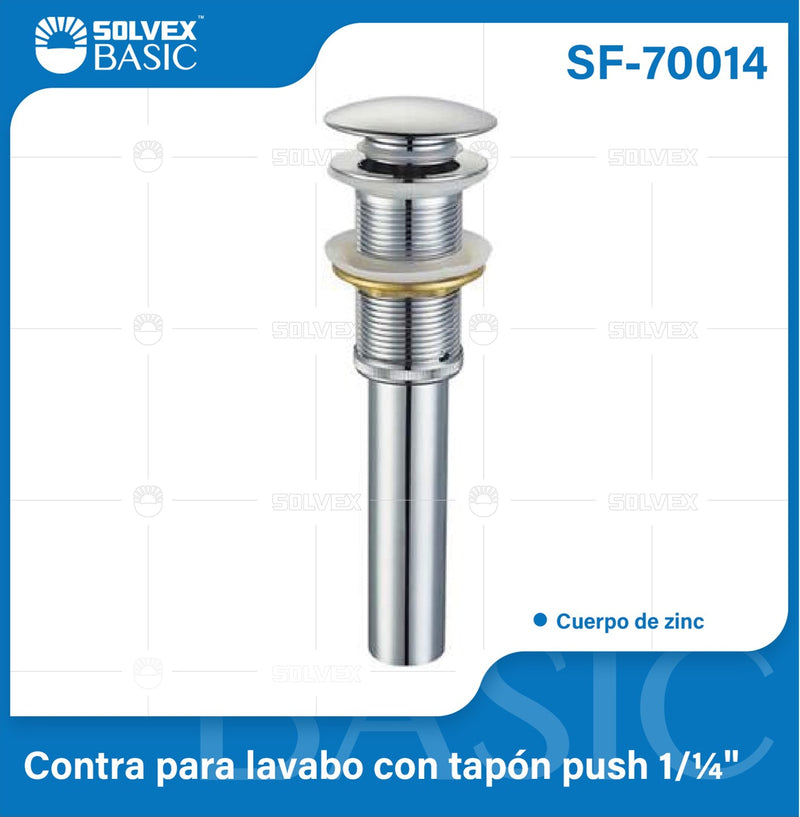 Desagüe para Lavamanos 1 1/4". Drenaje con Tapón Push Cromado Sin Rebosadero.