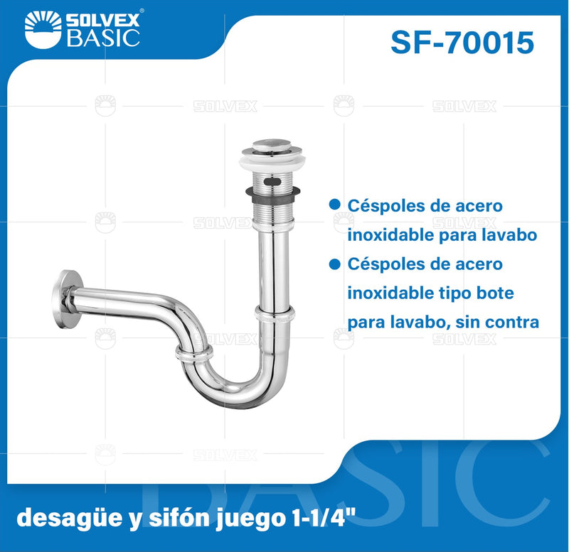 Desagüe y Sifón para Lavamanos 1 1/4". Trampa en U con Tubo de Acero Inoxidable.