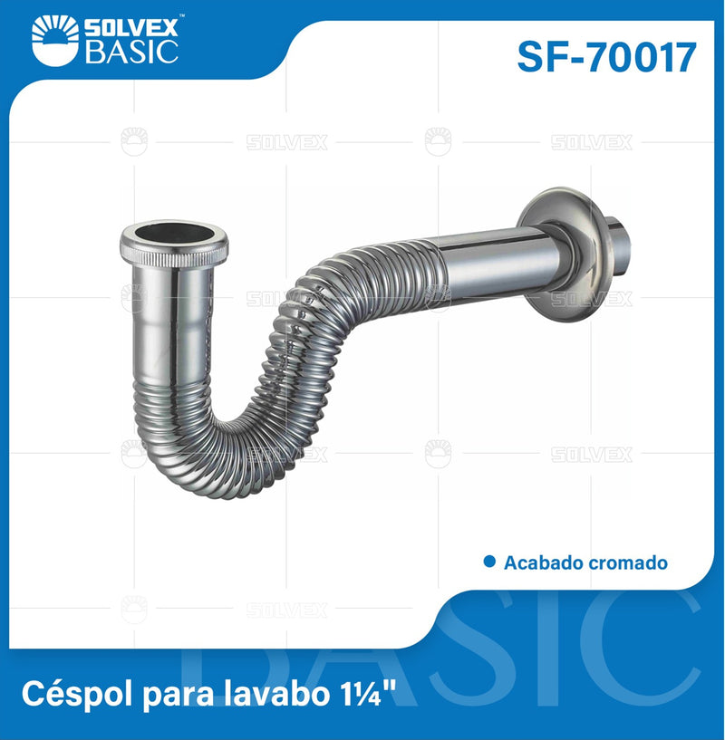 Trampa Flexible para Lavamanos 1 1/4". Tubo de Drenaje Cromado con Tuerca Metálica.