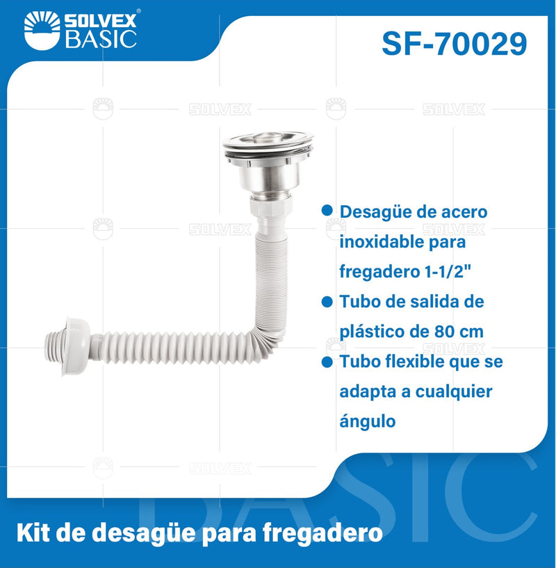 Desagüe para fregador 1-1/2". Colador de Acero Inoxidable con Tubo Flexible de 80 cm para Drenaje.
