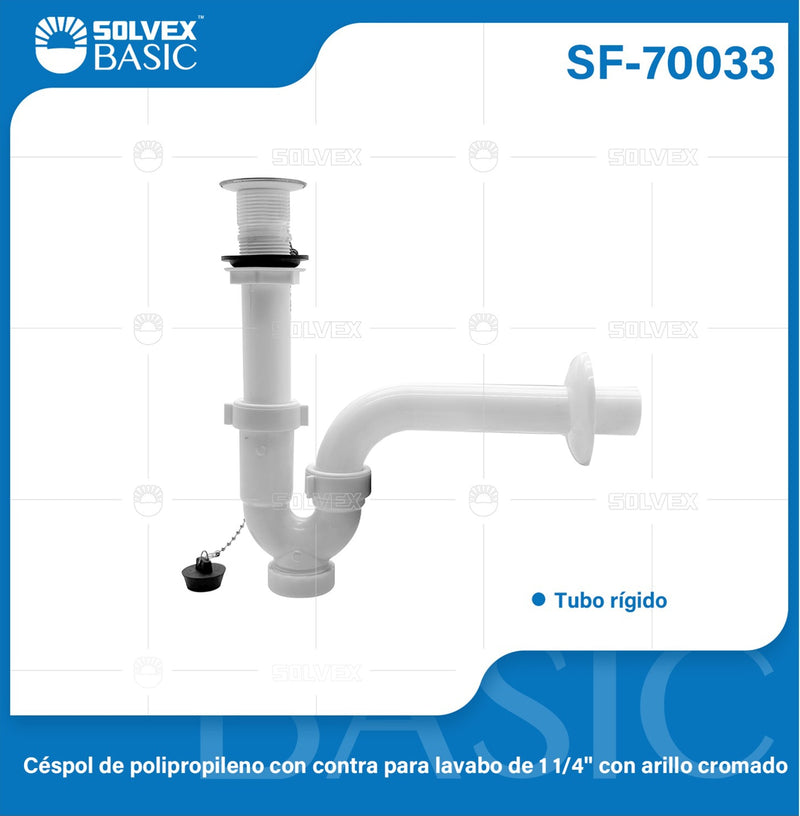Trampa Sifón de Lavamanos 1 1/4". Tubo Rígido con Tapón y Anillo Cromado. Drenaje Antifugas.