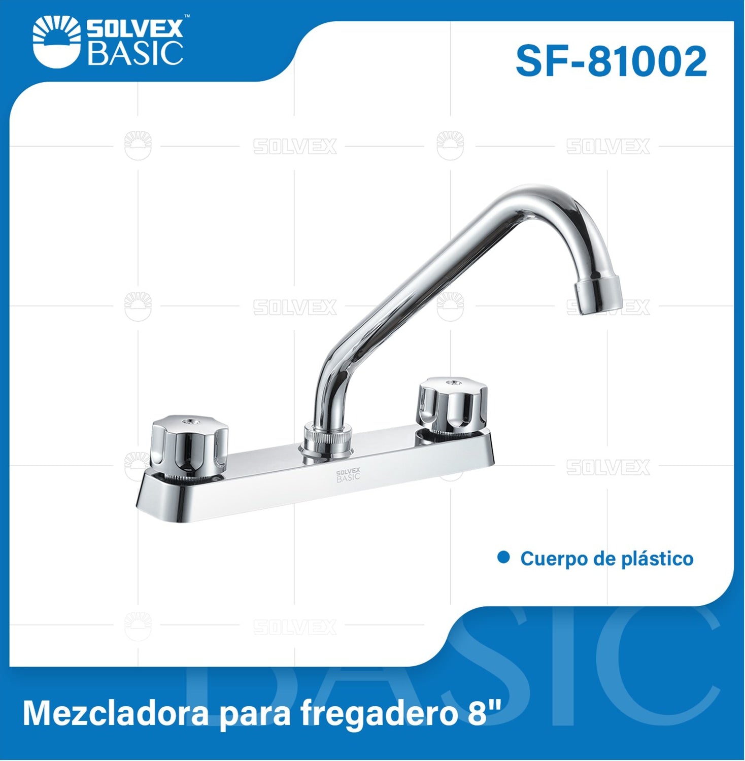 Grifo Mezclador 8" para fregador de Cocina. Pluma Llave Cromada con Tubo Inoxidable y Doble Maneral.