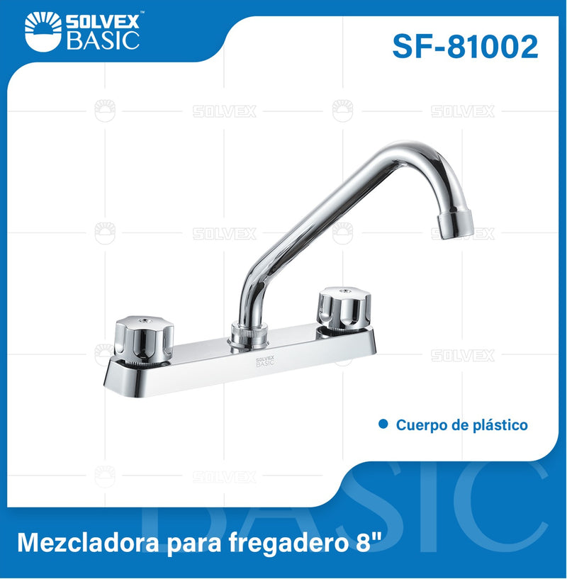 Grifo Mezclador 8" para fregador de Cocina. Pluma Llave Cromada con Tubo Inoxidable y Doble Maneral.