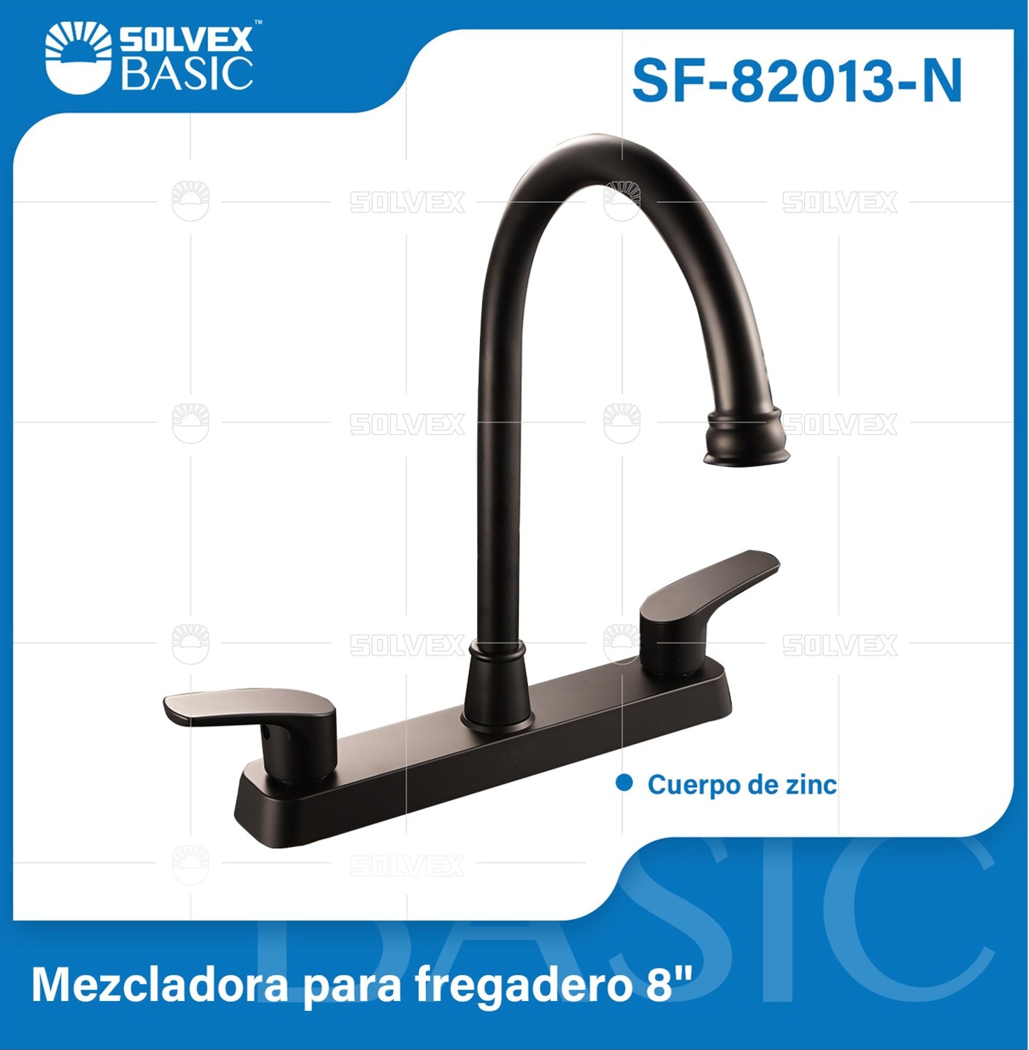 Grifo Mezclador 8" para fregador de Cocina. Pluma Llave Negra con Tubo Alto y Doble Maneral.