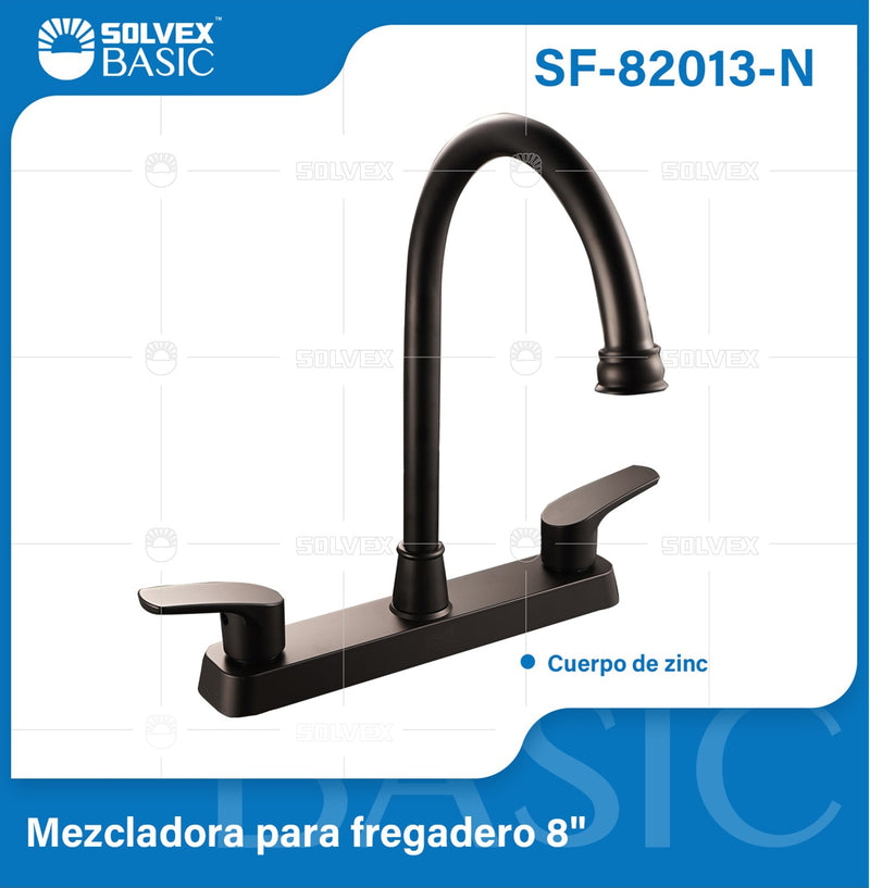 Grifo Mezclador 8" para fregador de Cocina. Pluma Llave Negra con Tubo Alto y Doble Maneral.