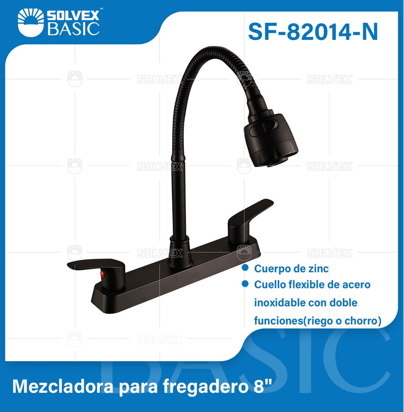 Grifo Mezclador 8" para fregador de Cocina. Pluma Llave Negra con Cuello Flexible y Doble Función.