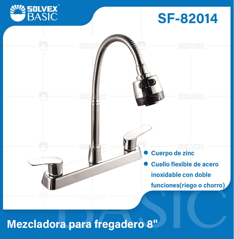Grifo Mezclador 8" para fregador de Cocina. Pluma Llave Cromada con Cuello Flexible y Doble Función.