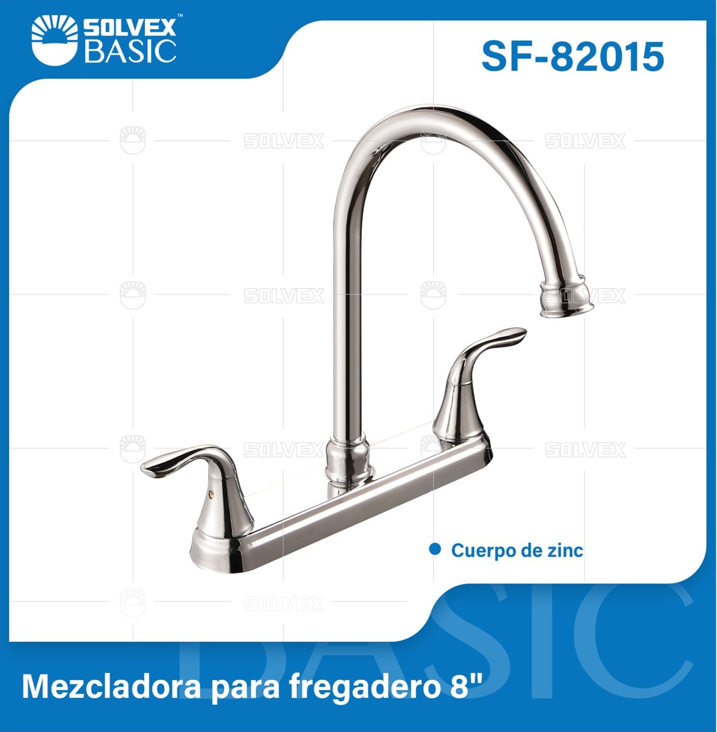 Grifo Mezclador 8" para fregador de Cocina. Pluma Llave Cromada con Cuerpo de Zinc y Pluma Alta.