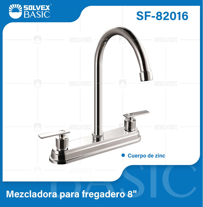 Grifo Mezclador 8" para fregador de Cocina. Pluma Llave Cromada con Cuerpo de Zinc y Pluma Alta.