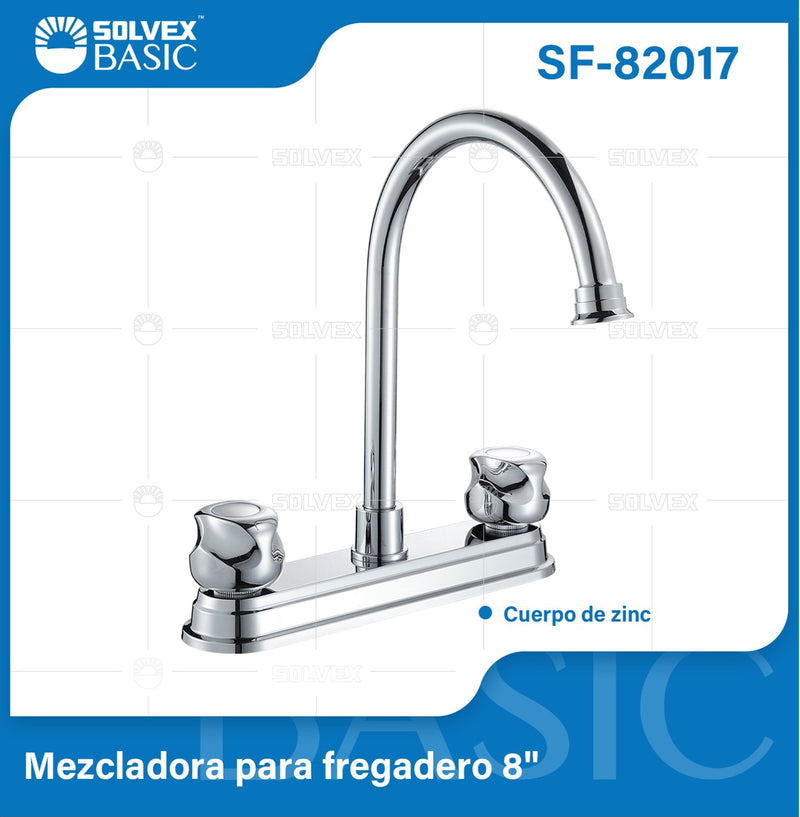 Grifo Mezclador 8" para fregador de Cocina. Pluma Llave Cromada con Cuerpo de Zinc y Giro Completo.