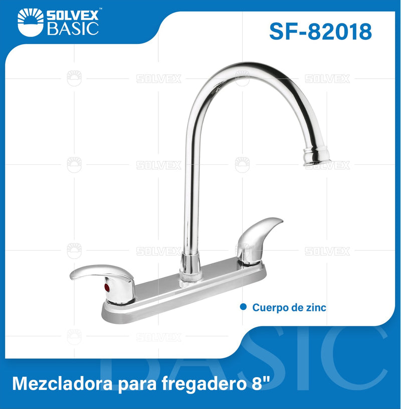 Grifo Mezclador 8" para fregador de Cocina. Pluma Llave Cromada con Cuerpo de Zinc y 1/4 de Vuelta.