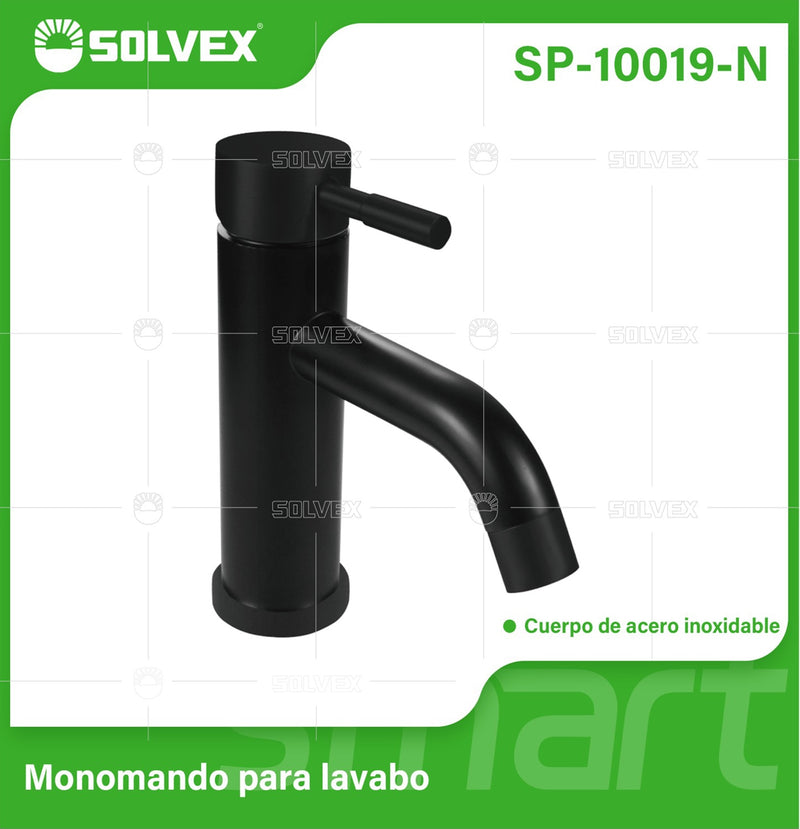 Llave de Lavamanos Individual. Color negro. Grifo para Lavabo. Pluma Agua Fría y Caliente. Acero Inoxidable.