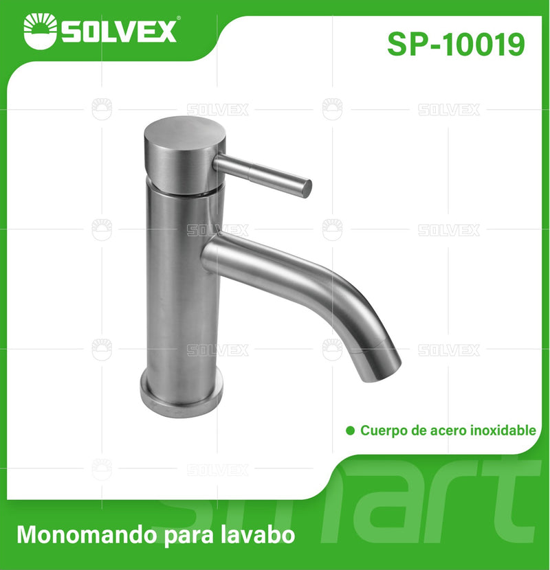 Llave de Lavamanos Individual. Acabado Satinado Cepillado. Grifo para Lavabo. Pluma Agua Fría y Caliente. Acero Inoxidable.