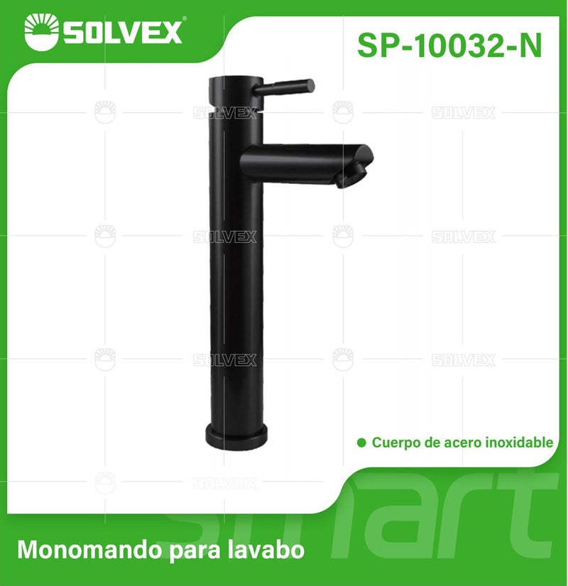 Llave de Lavamanos Individual Alta. Color negro. Grifo para Lavabo. Pluma Agua Fría y Caliente. Acero Inoxidable.