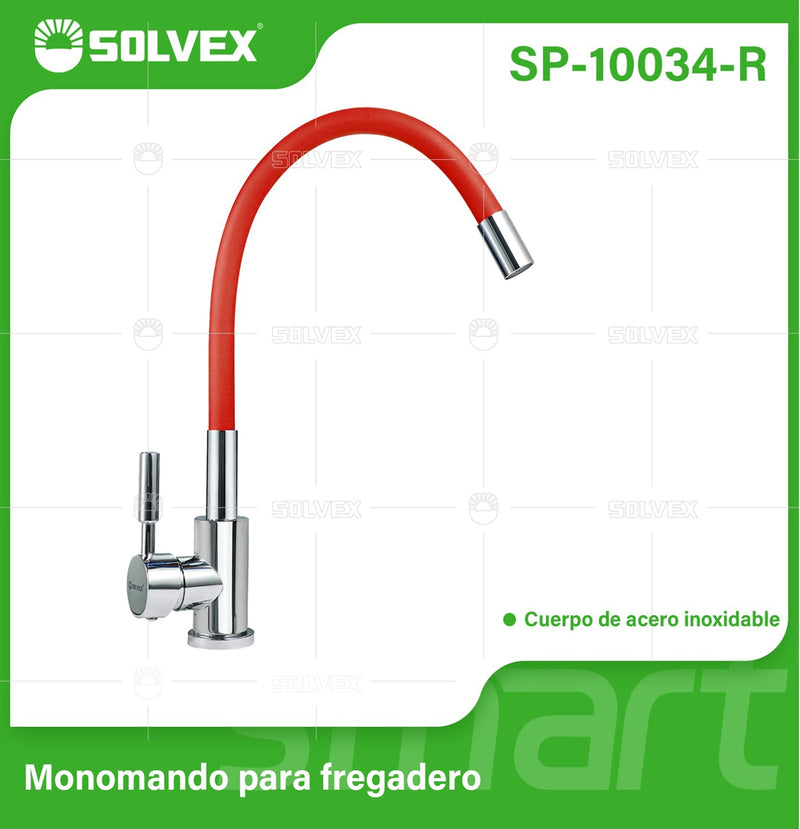 Grifo de fregador. Color rojo. Acero Inoxidable. Pluma Llave Mezcladora para Cocina. Cuello Flexible Universal.