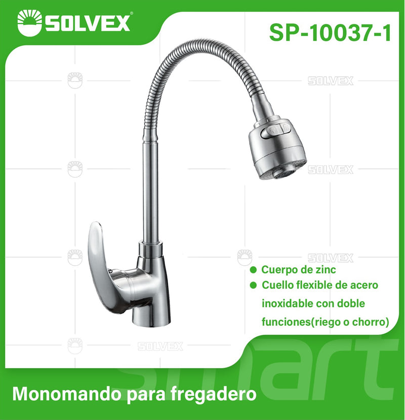 Grifo de cocina para fregador de zinc cromado. Pluma llave monomando de cuello flexible y doble función riego o chorro.