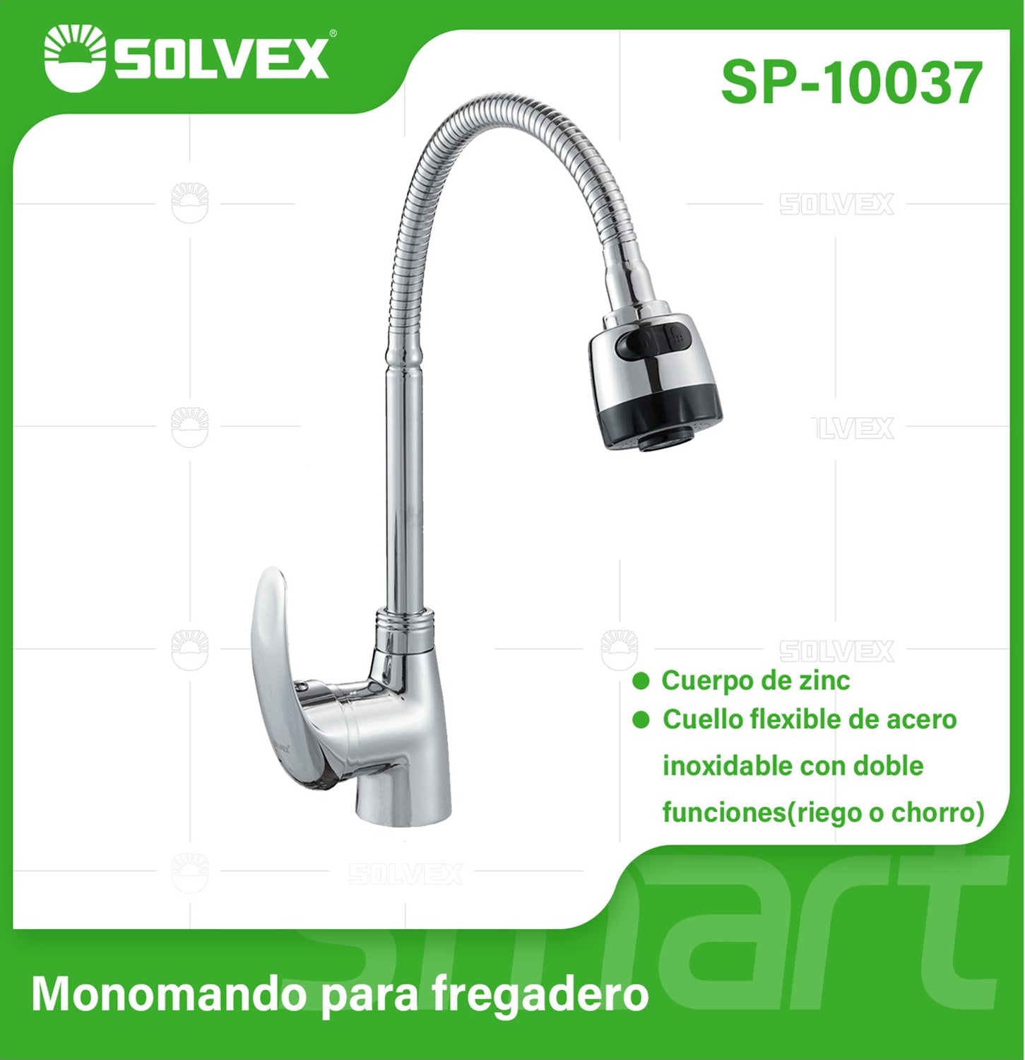 Grifo de cocina para fregador de zinc cromado. Pluma llave de cuello flexible y doble función riego o chorro.