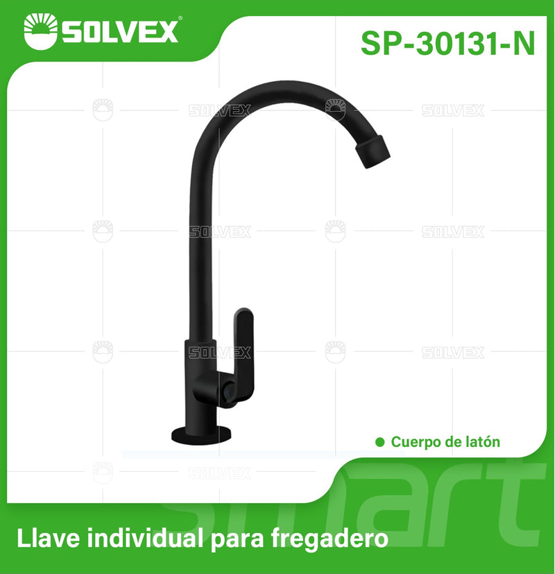 Llave individual para fregador de latón cromado. Pluma Grifo de cocina alto. Color negro.