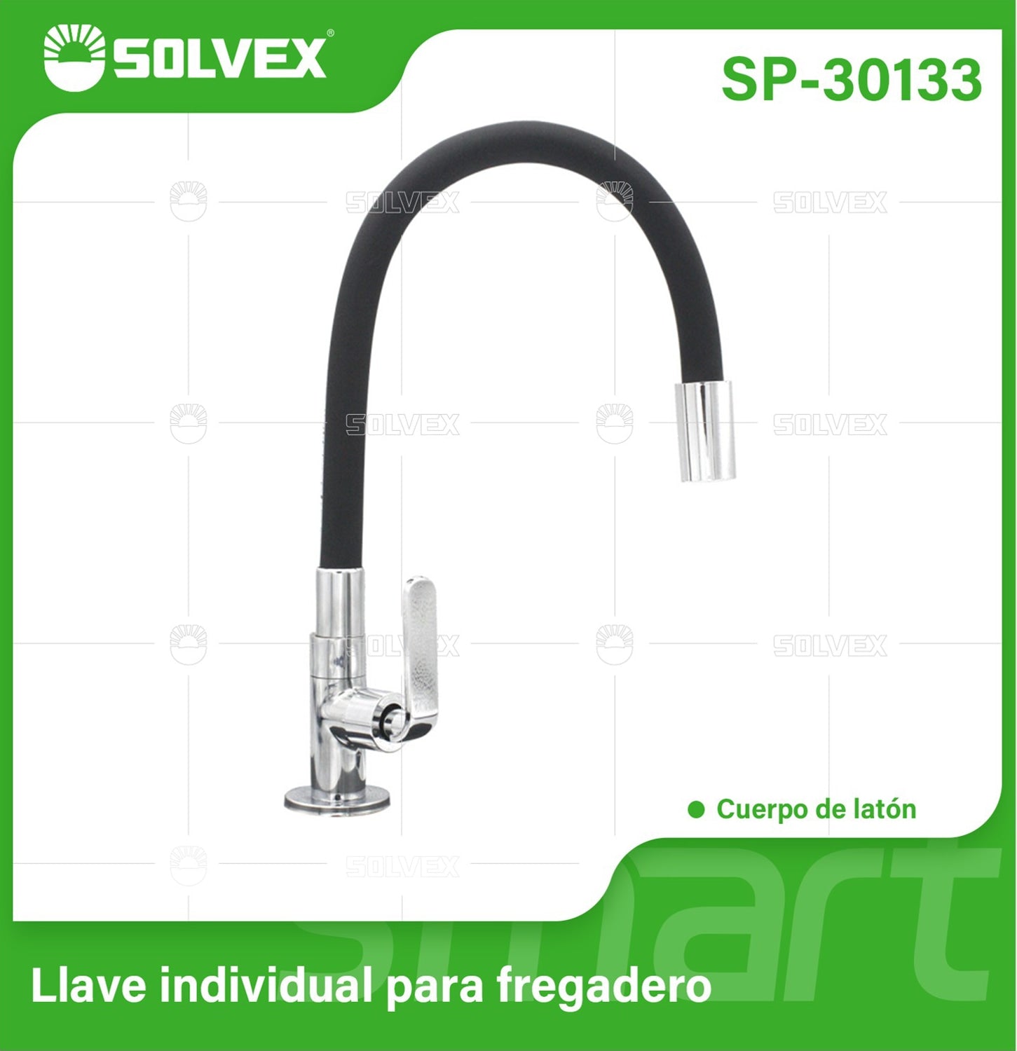 Llave individual para fregador de latón cromado. Grifo de cocina con cuello flexible de goma negra.