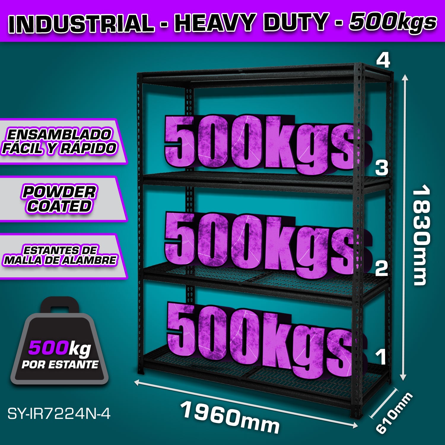 Estante de almacenamiento ajustable 4 niveles 610x1960x1830mm Carga 500Kg Estanteria Arma rápido Rack