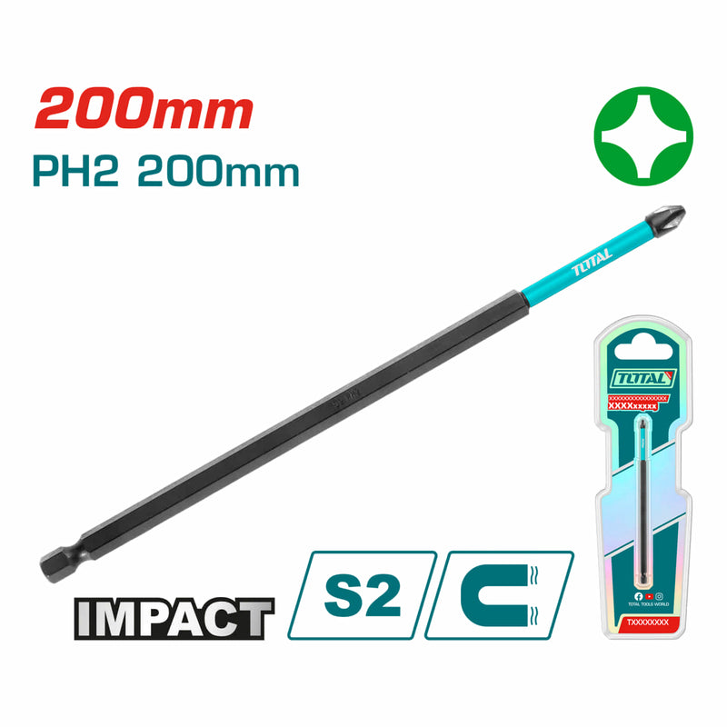 Punta de destornillador estrella de impacto PH2 200mm S2 y magnética. Broca tipo Phillips