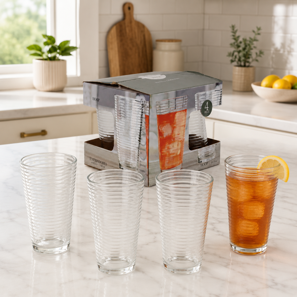Vasos Altos de Vidrio Transparentes de 15.75Oz (460ml) para Bebidas Agua Cocteles (Set de 4)