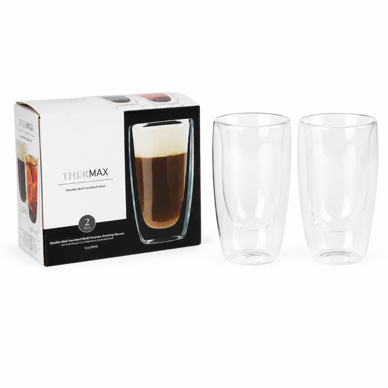 Tazas de Doble Pared de Borosilicato para Bebidas Frías y Calientes de 12 Oz (350ml) Vasos de Vidrio para Café y Té (Set de 2)