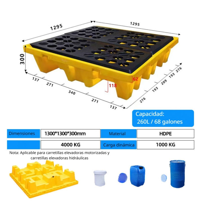 Bandeja De Contención Antiderrames De HDPE Para 4 Tanques 51.2x51.2"x11.8" (Cap 68 Gal). Plataforma De Almacenamiento de pintura apilable para Tambores Y Cubos.