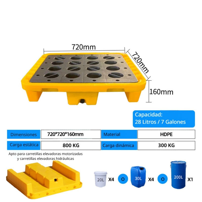 Bandeja De Contención Antiderrames De HDPE Para 1 Tanque 28.4"x28.4"x6.3" (Cap 7 Gal). Plataforma De Almacenamiento de pintura apilable para Tambores Y Cubos.