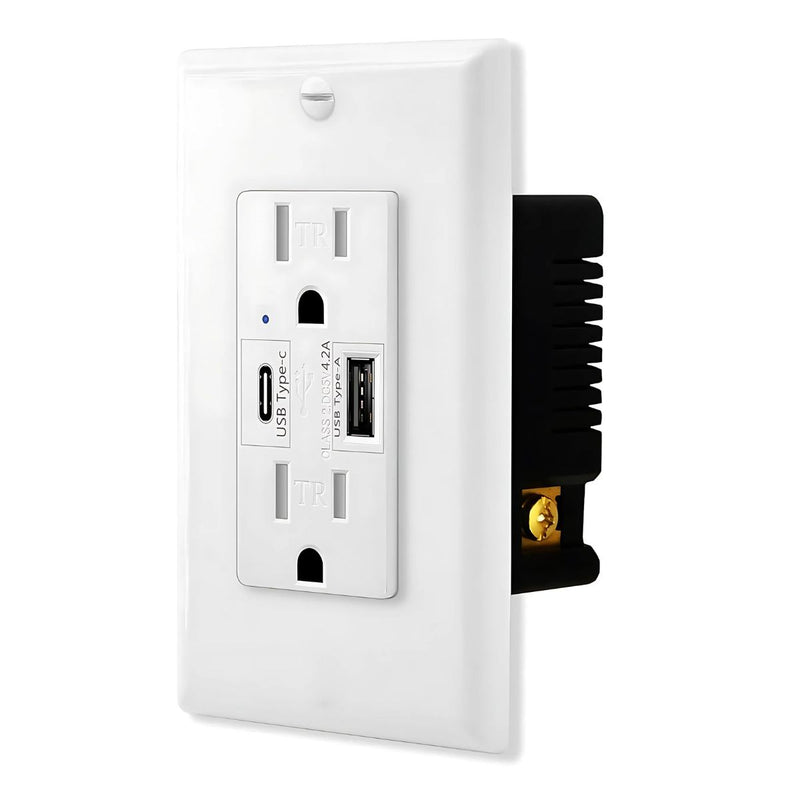 Tomacorriente doble con puertos USB-C y USB-A. Enchufe de Pared 125V. Cargador Rápido para Dispositivos Electrónicos.