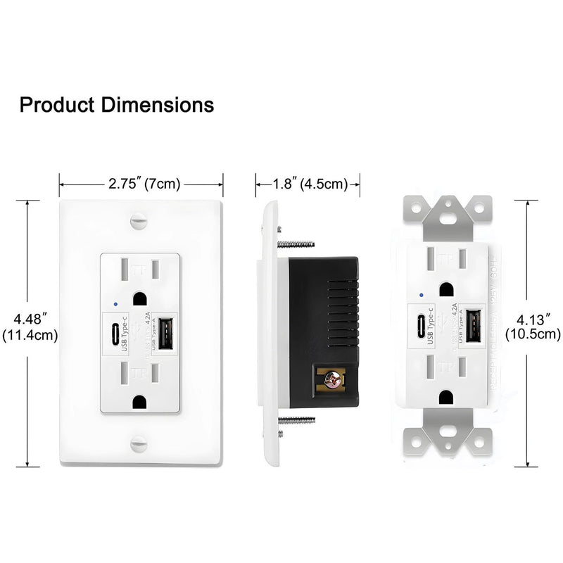 Tomacorriente doble con puertos USB-C y USB-A. Enchufe de Pared 125V. Cargador Rápido para Dispositivos Electrónicos.