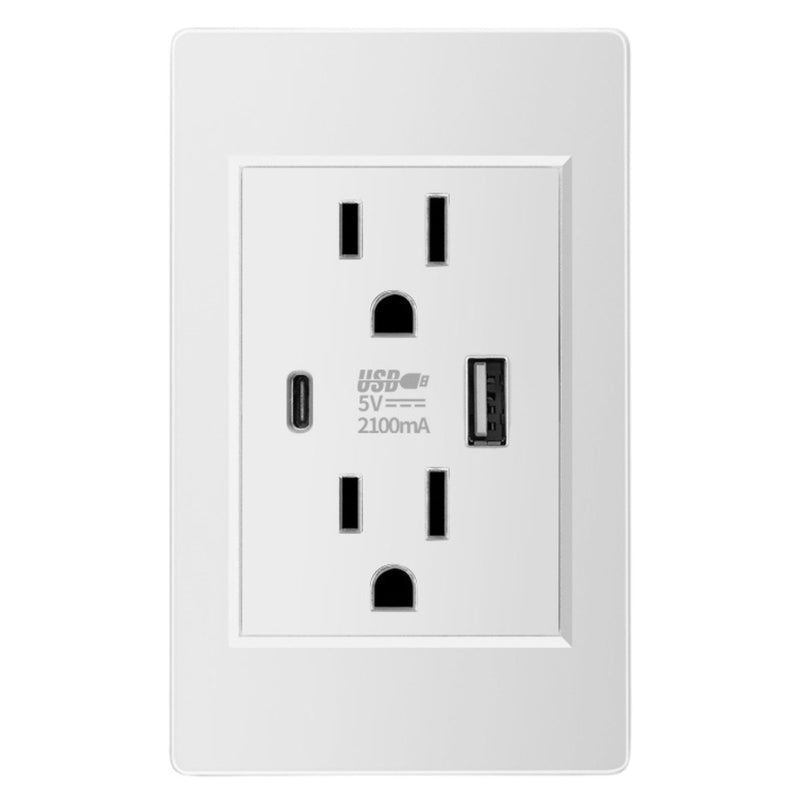 Tomacorriente doble de Pared con USB-C y USB-A 5V 2.1A. Enchufe Eléctrico con Cargador para Dispositivos Electrónicos.