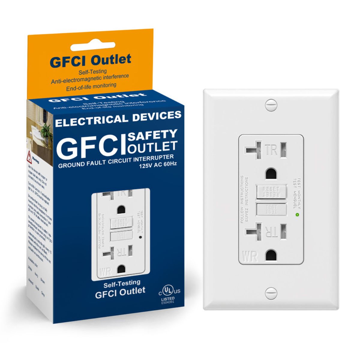 Tomacorriente GFCI 20A.TR&WR Enchufe de Seguridad con Botón Reset/Test. A prueba de Agua y con Protección para Niños. Color Blanco