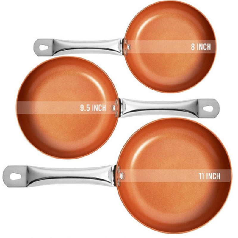 Sartenes Antiadherentes De Cobre Cerámico (Set de 3 unids) 11”, 9.5” y 8”.