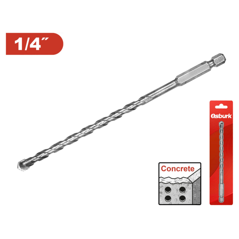 Broca para Concreto 1/4" Vástago hexagonal. Punta afilada.