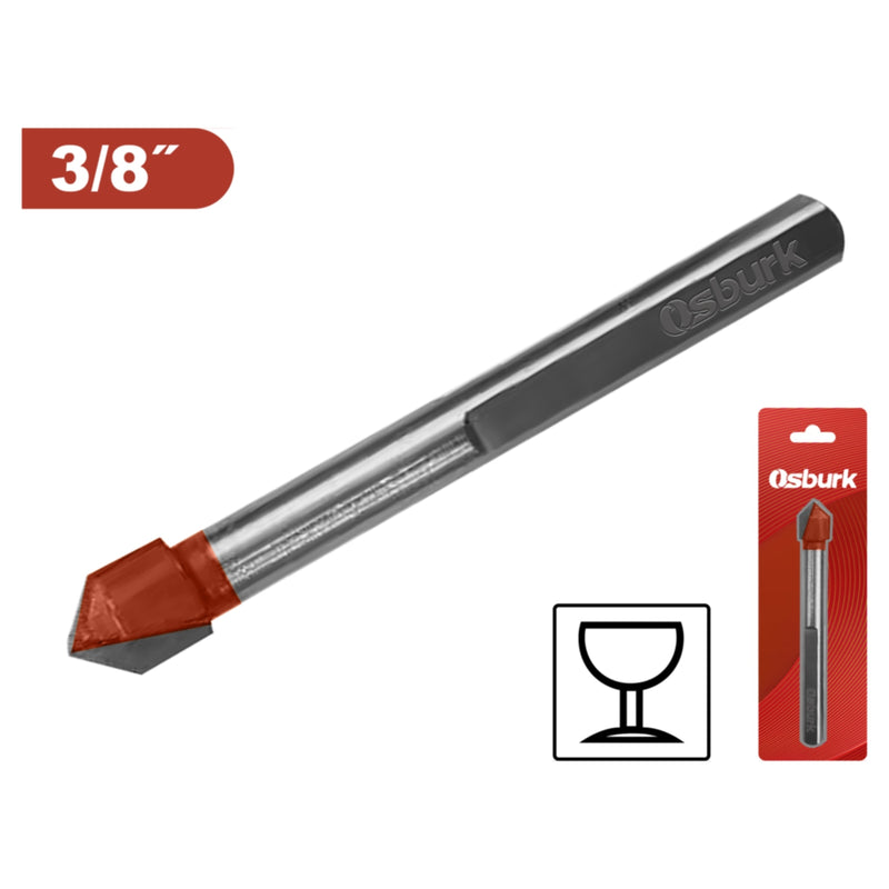 Broca punta flecha para vidrio y cerámica. Vástago Hexagonal 3/8” Punta afilada. Acero 40CR