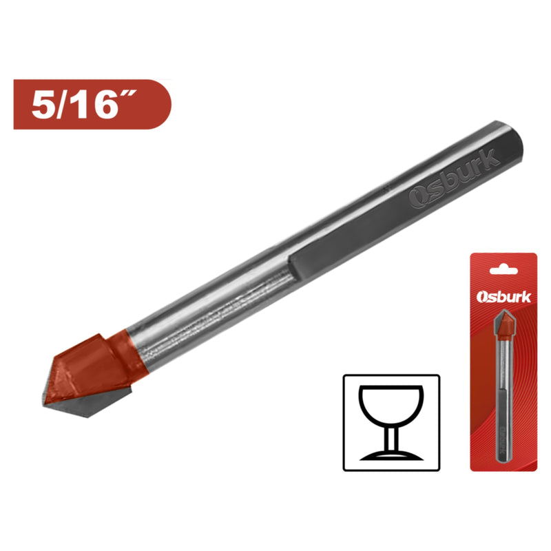 Broca punta flecha para vidrio y cerámica. Vástago Hexagonal 5/16” Punta afilada. Acero 40CR