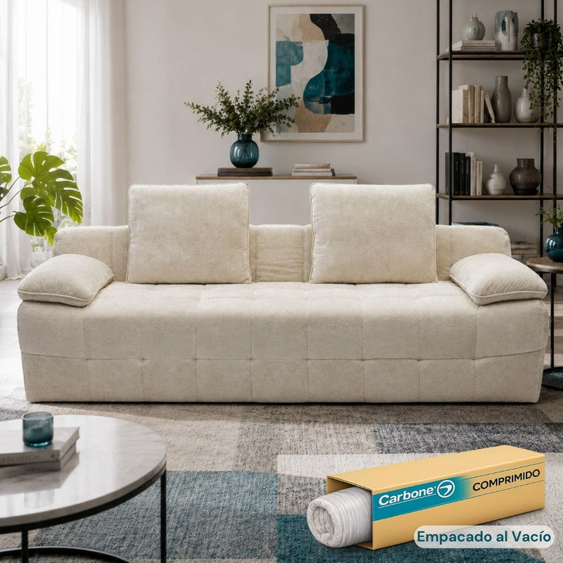 Sofá Moderno de 3 Puestos Empacado al Vacío. Espuma 32D de Alta Densidad con Resortes (232x99x68cm). Color beige claro.