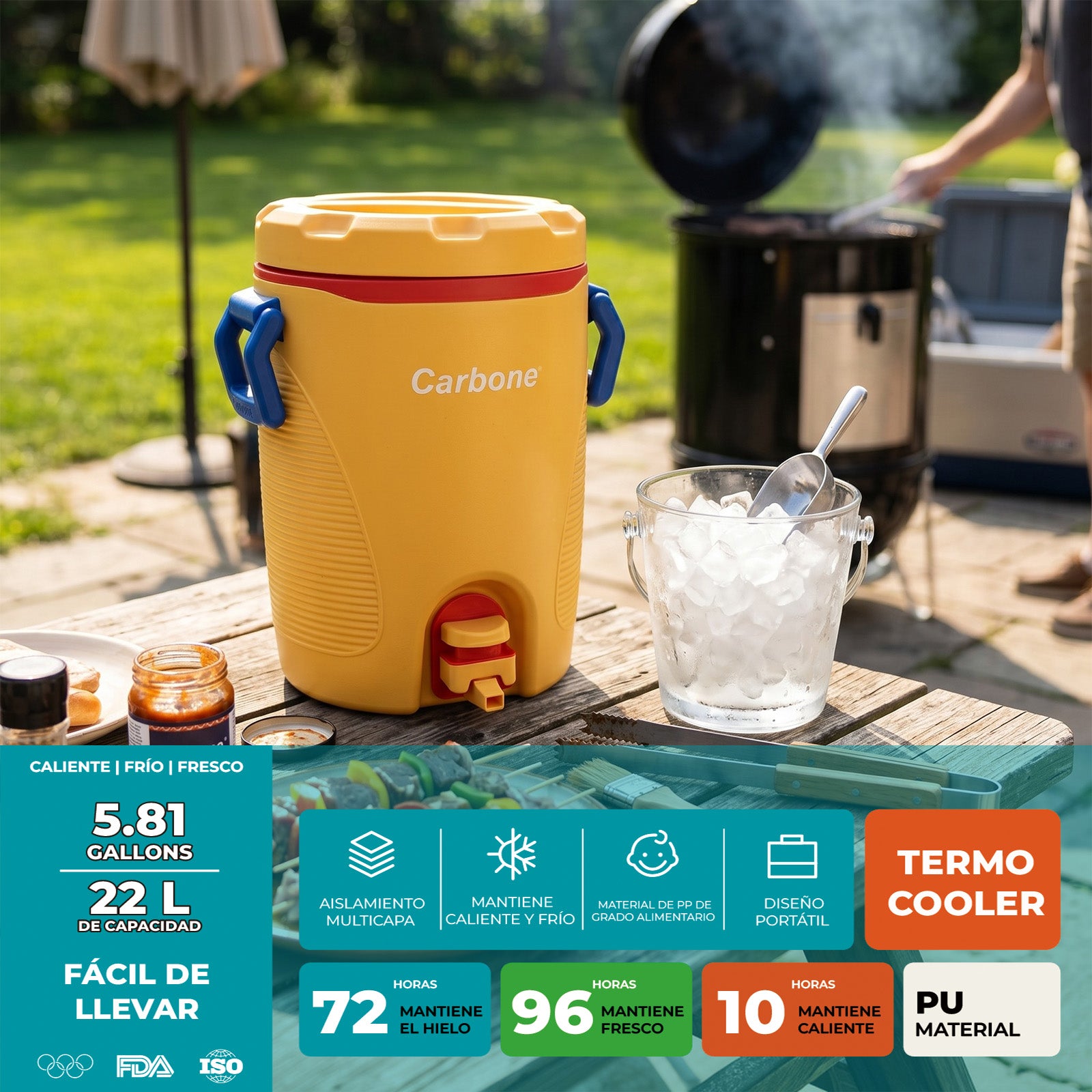 Termo Cooler Agua 5.8 Galones 22 Lts. Dispensador de Bebidas Térmico con Grifo de Alta Resistencia para Agua Jugos Ideal Camping Obra Eventos. Color Amarillo