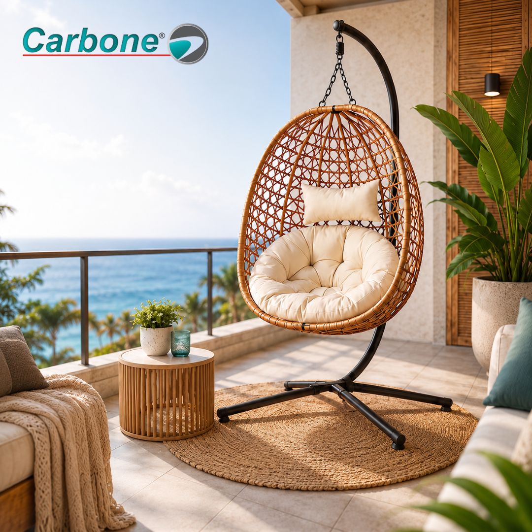 Silla Colgante Tipo Huevo con Soporte Plegable de Ratán Sintético para Terraza, Balcón y Jardín. Soporta 150 kg. Color blanco.