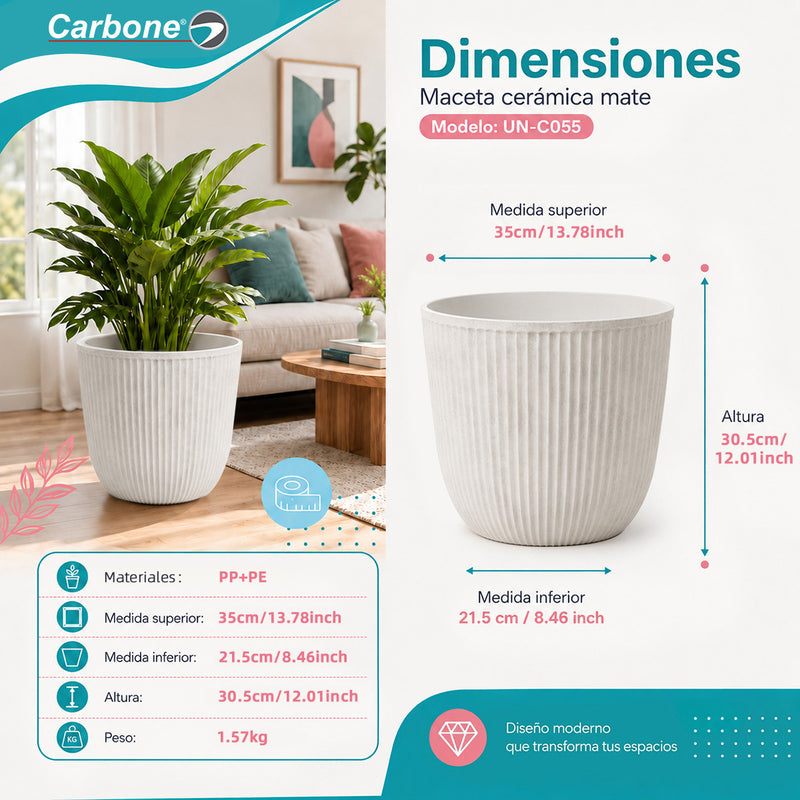 Maceta Decorativa Blanca con Acabado Cerámico Mate para Interior y Exterior D35*H30.5cm  Resistente a Rayos UV.