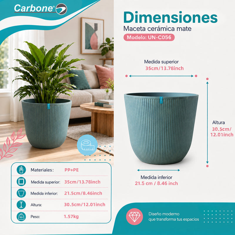 Maceta Decorativa Gris Clara con Acabado Cerámico Mate para Interior y Exterior D35*H30.5cm Resistente a Rayos UV.