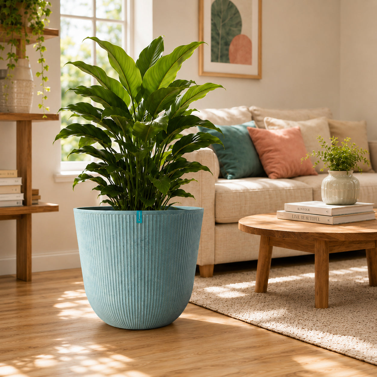 Maceta Decorativa Gris Clara con Acabado Cerámico Mate para Interior y Exterior D54.5*H48cm Resistente a Rayos UV.
