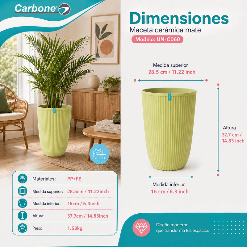 Maceta Alta Decorativa Beige con Acabado Cerámico Mate para Interior y Exterior D28.5*H37.7cm Resistente a Rayos UV.