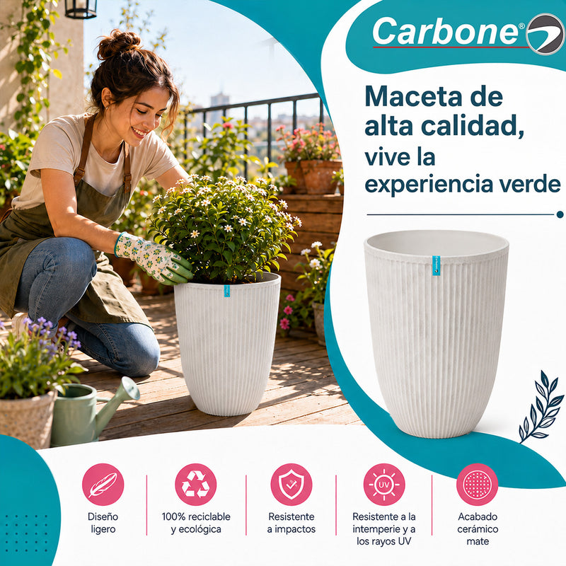 Maceta Alta Decorativa Blanca con Acabado Cerámico Mate para Interior y Exterior D35*H47cm Resistente a Rayos UV.