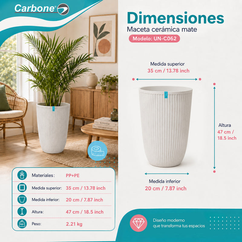 Maceta Alta Decorativa Blanca con Acabado Cerámico Mate para Interior y Exterior D35*H47cm Resistente a Rayos UV.