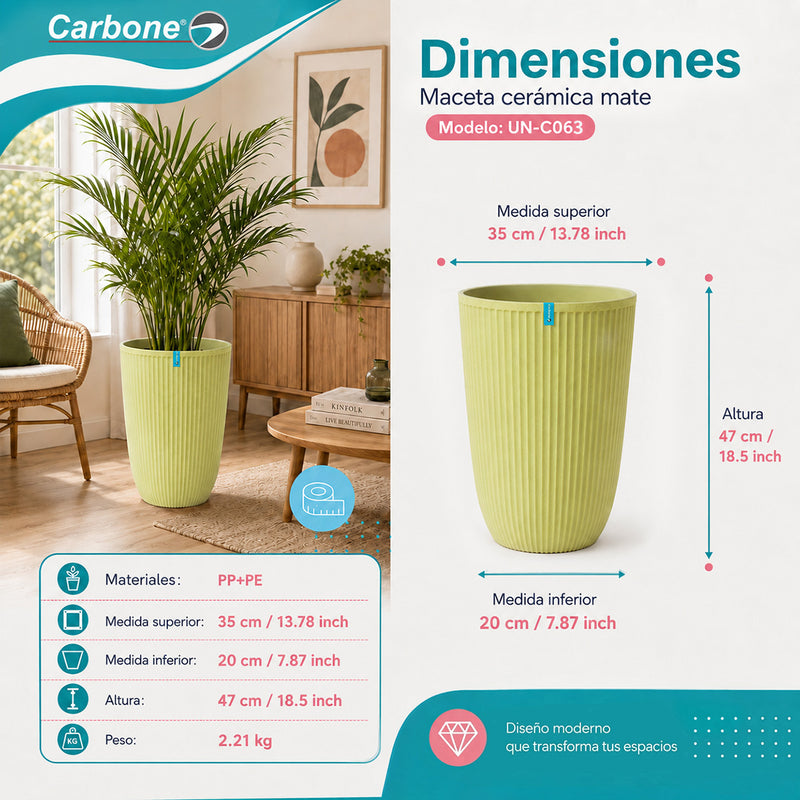 Maceta Alta Decorativa Beige con Acabado Cerámico Mate para Interior y Exterior D35*H47cm Resistente a Rayos UV.
