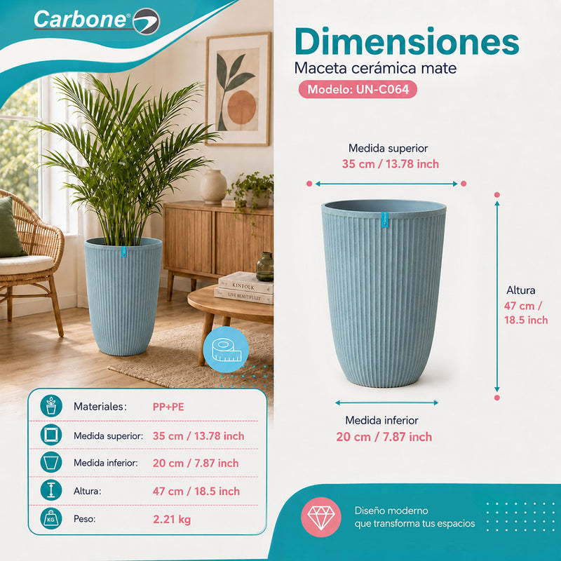 Maceta Alta Decorativa Gris Clara con Acabado Cerámico Mate para Interior y Exterior D35*H47cm Resistente a Rayos UV.